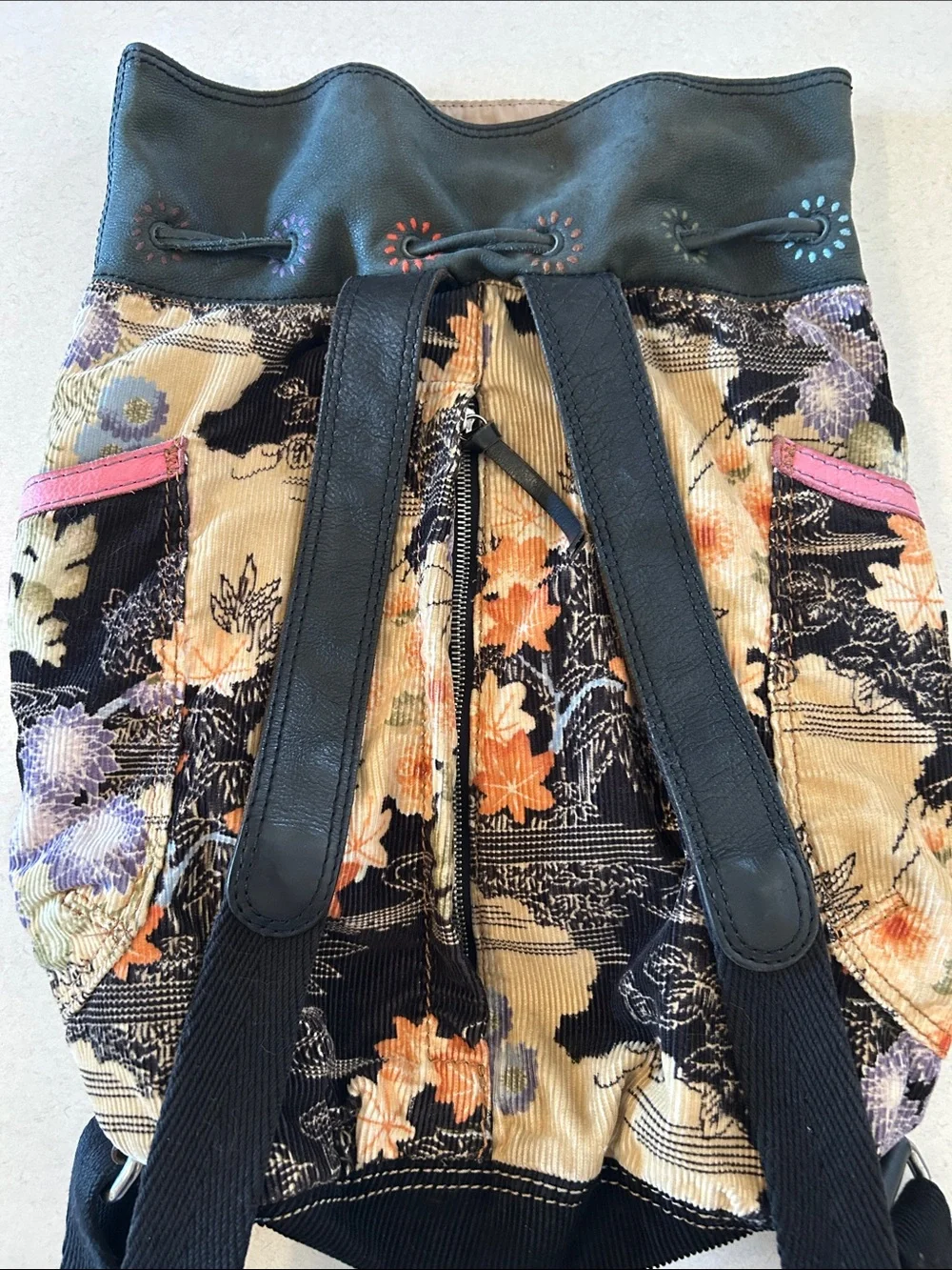 Lucky Brand Floral Leather Drawstring Backpack Sling Bag Shoulder Bag Crossbody